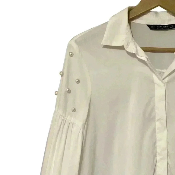 Zara Blouse Women’s Medium Ivory Sheer Long Sleeve Button-Up Pearl Embellished - Picture 4 of 10